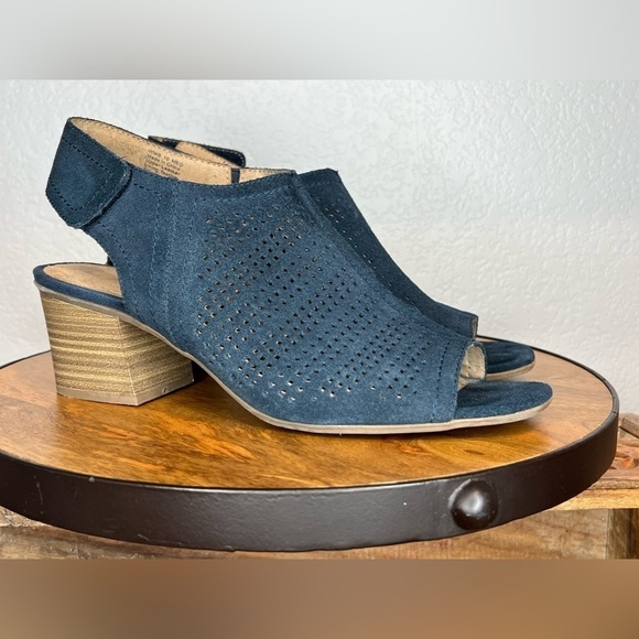 288. Sonoma Blue/Teal Suede Open Toe Cut Out chunky heel sandals size 10 - Picture 5 of 7